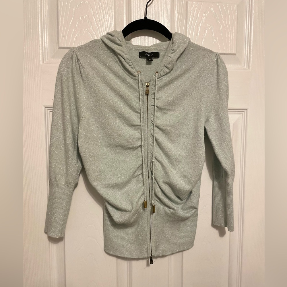 Express blue sparkle cropped sleeve hooded zip up sweater